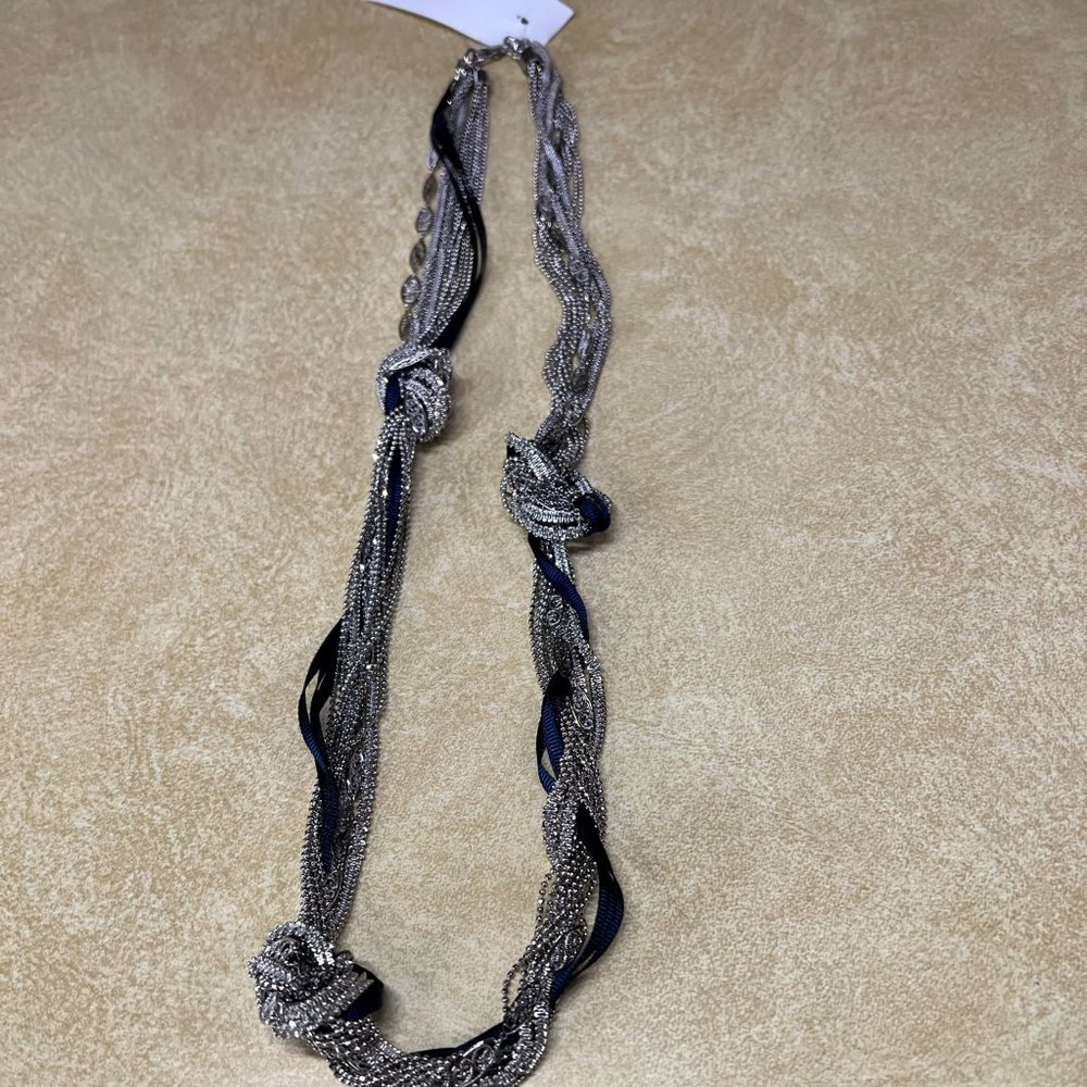 NWT! Loft Silver and Navy Fabric Knot Necklace - 29 inches